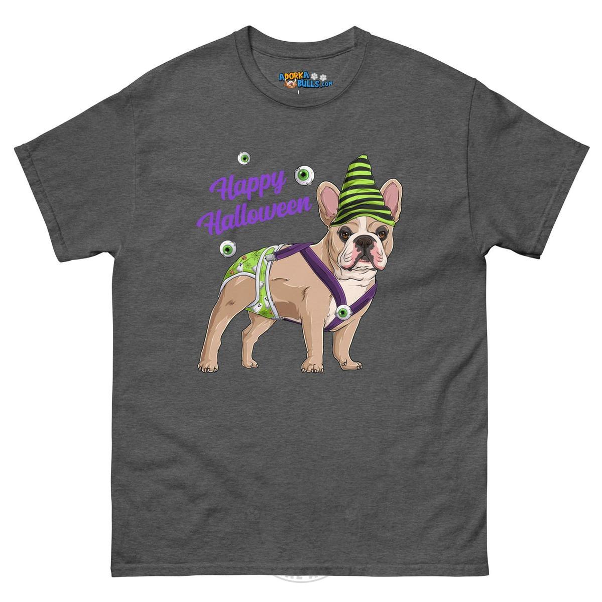 Happy Halloween Ghost tee with spina bifida, Male Frenchie Fawn &amp; White, Dark Heather