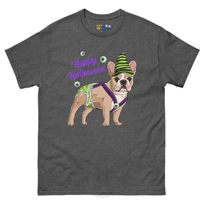 Happy Halloween Ghost tee with spina bifida, Male Frenchie Fawn &amp; White, Dark Heather
