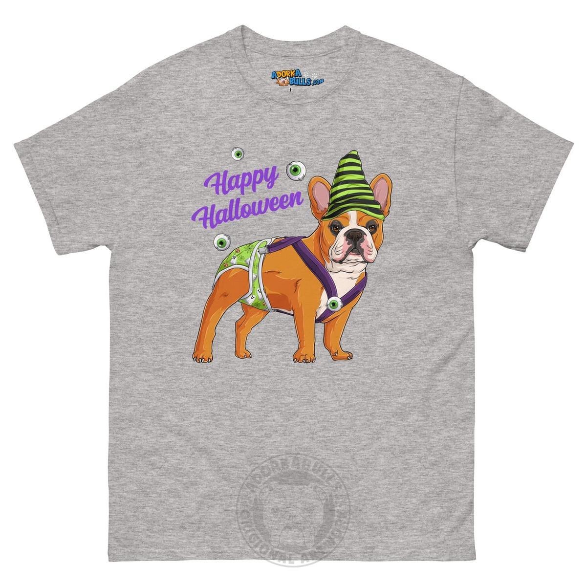 Happy Halloween Ghost tee with spina bifida, Male Frenchie Red &amp; White, Sport Grey