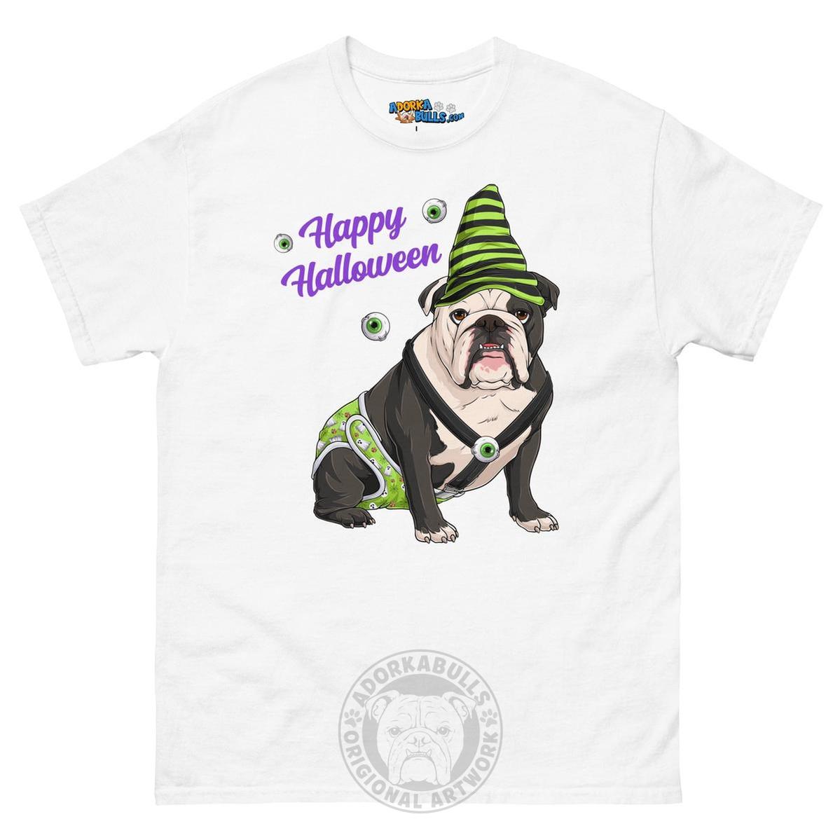 Happy Halloween Ghost tee with spina bifida, Male English Bulldog Black &amp; White, White