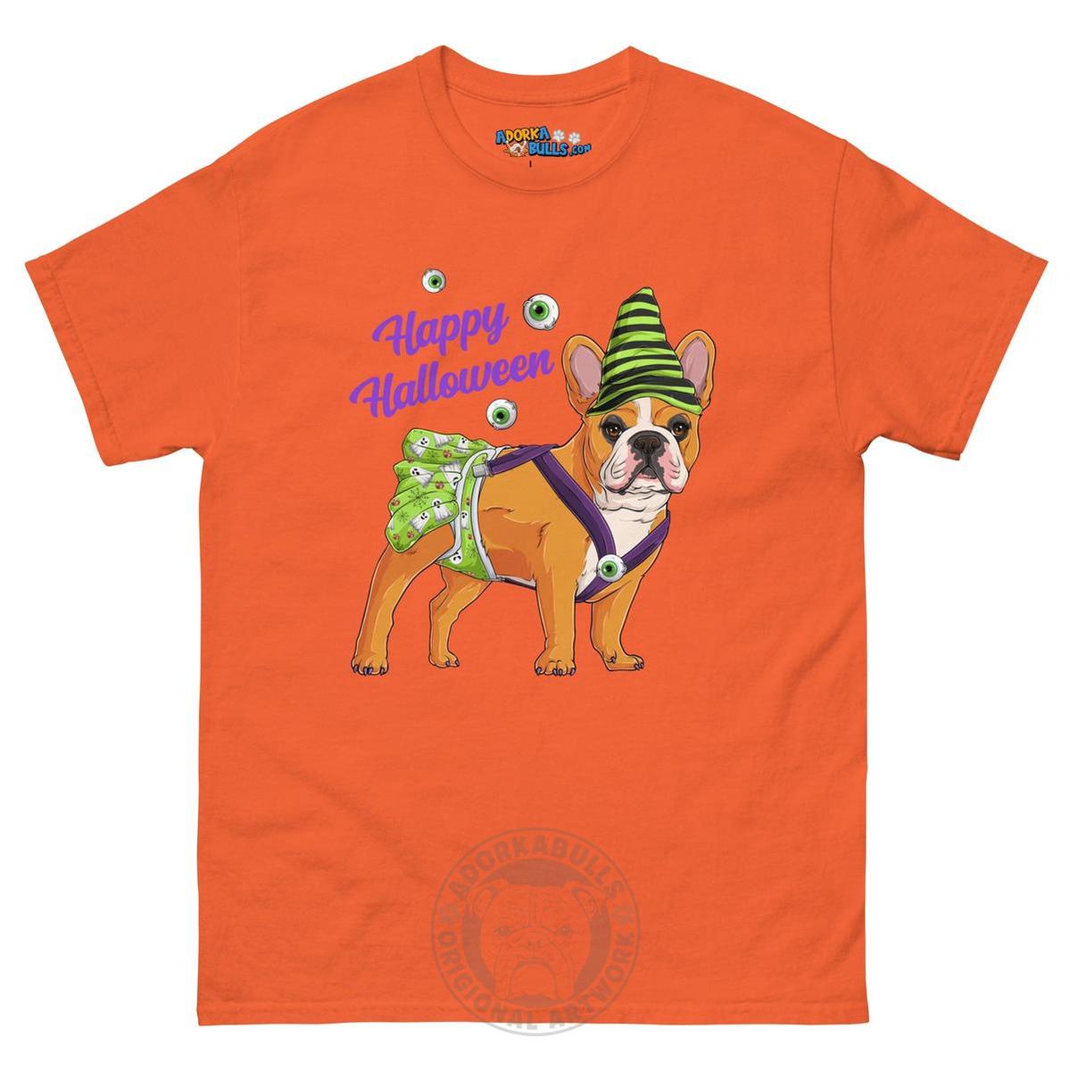 Happy Halloween Ghost tee with spina bifida, Female Frenchie Red &amp; White, Orange