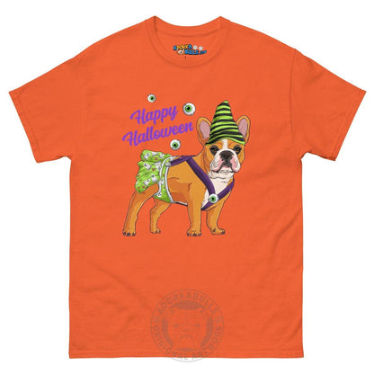 Happy Halloween Ghost tee with spina bifida, Female Frenchie Red &amp; White, Orange