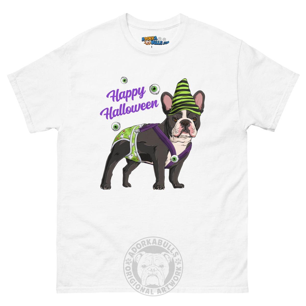 Happy Halloween Ghost tee with spina bifida, Male Frenchie Black &amp; White, White