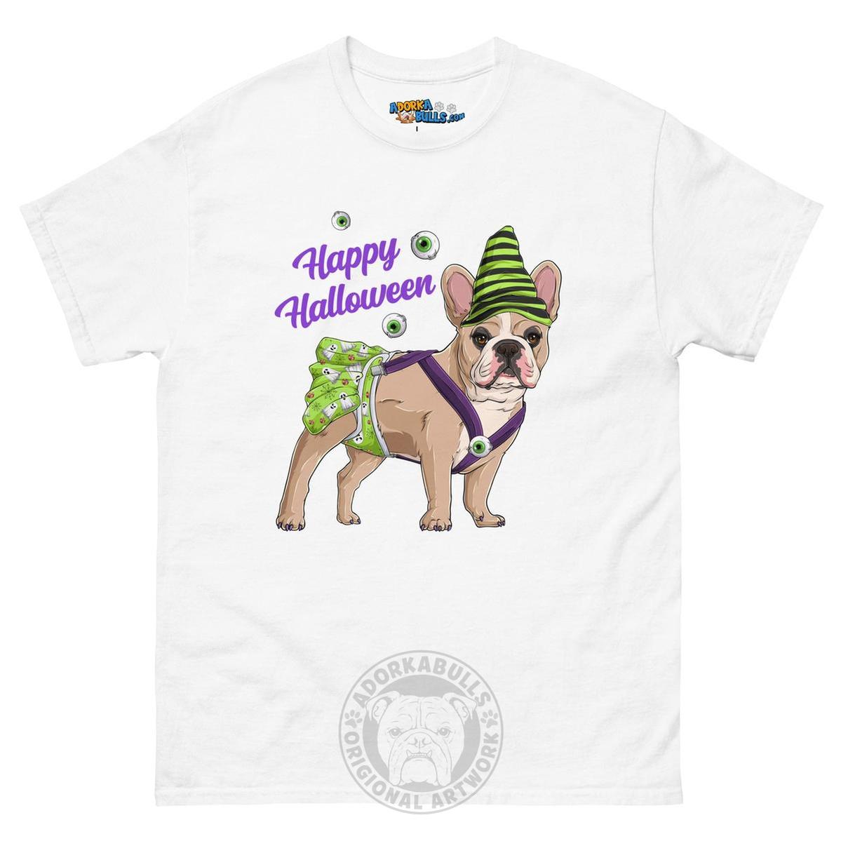 Happy Halloween Ghost tee with spina bifida, Female Frenchie Fawn &amp; White, White