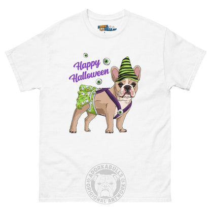 Happy Halloween Ghost tee with spina bifida, Female Frenchie Fawn &amp; White, White