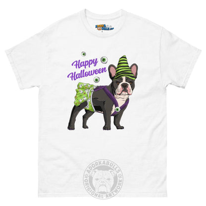 Happy Halloween Ghost tee with spina bifida, Female Frenchie Black &amp; White, White