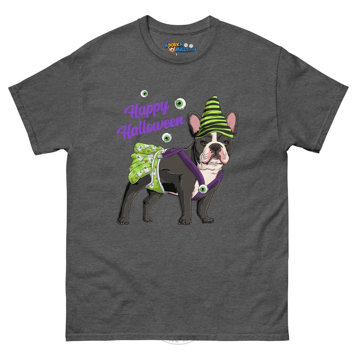 Happy Halloween Ghost tee with spina bifida, Female Frenchie Black &amp; White, Dark Heather