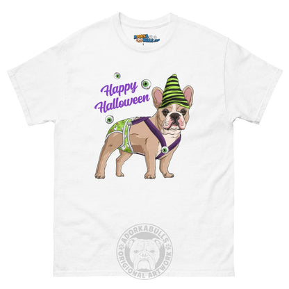 Happy Halloween Ghost tee with spina bifida, Male Frenchie Fawn &amp; White, White