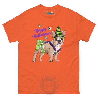 Happy Halloween Ghost tee with spina bifida, Female Frenchie Fawn &amp; White, Orange
