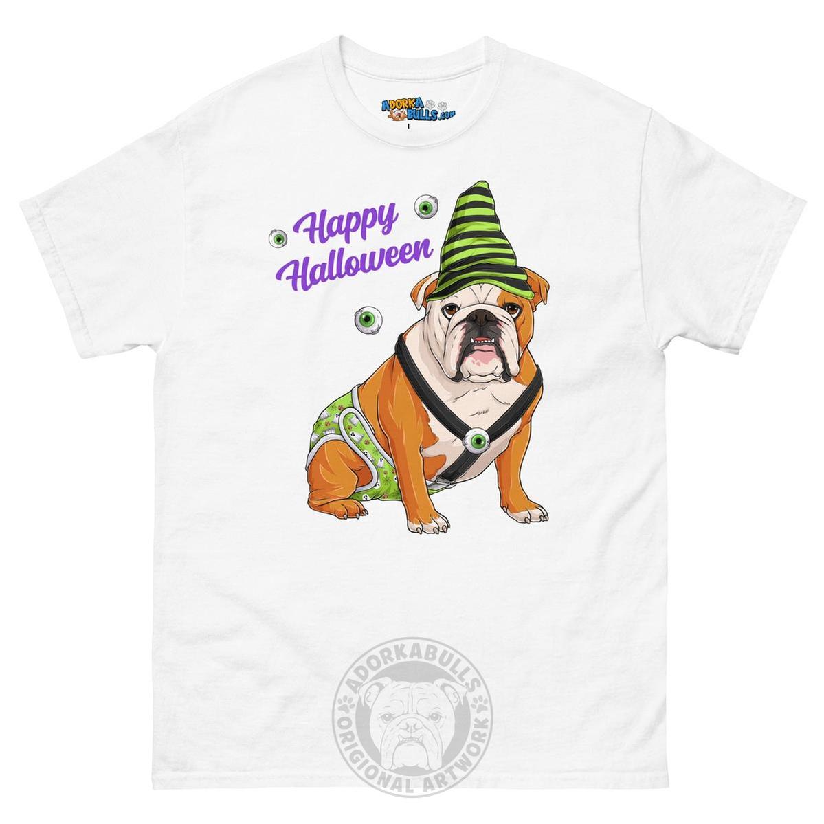 Happy Halloween Ghost tee with spina bifida, Male English Bulldog Red &amp; White, White