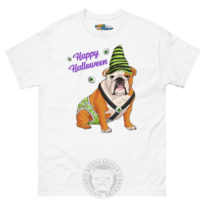 Happy Halloween Ghost tee with spina bifida, Male English Bulldog Red &amp; White, White