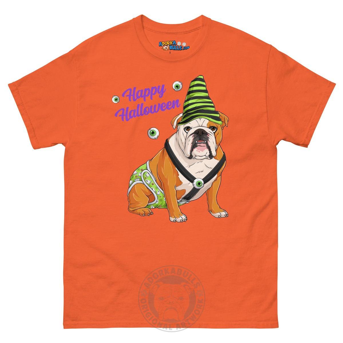 Happy Halloween Ghost tee with spina bifida, Male English Bulldog Red &amp; White, Orange
