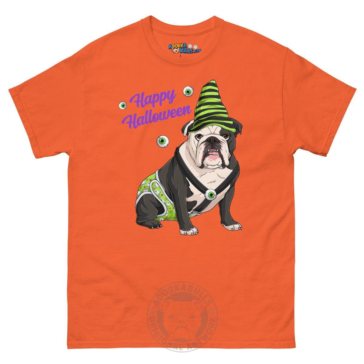 Happy Halloween Ghost tee with spina bifida, Male English Bulldog Black &amp; White, Orange