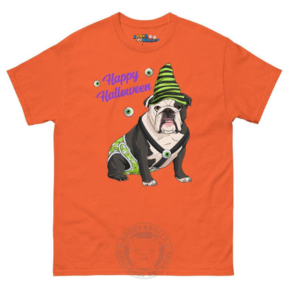 Happy Halloween Ghost tee with spina bifida, Male English Bulldog Black &amp; White, Orange