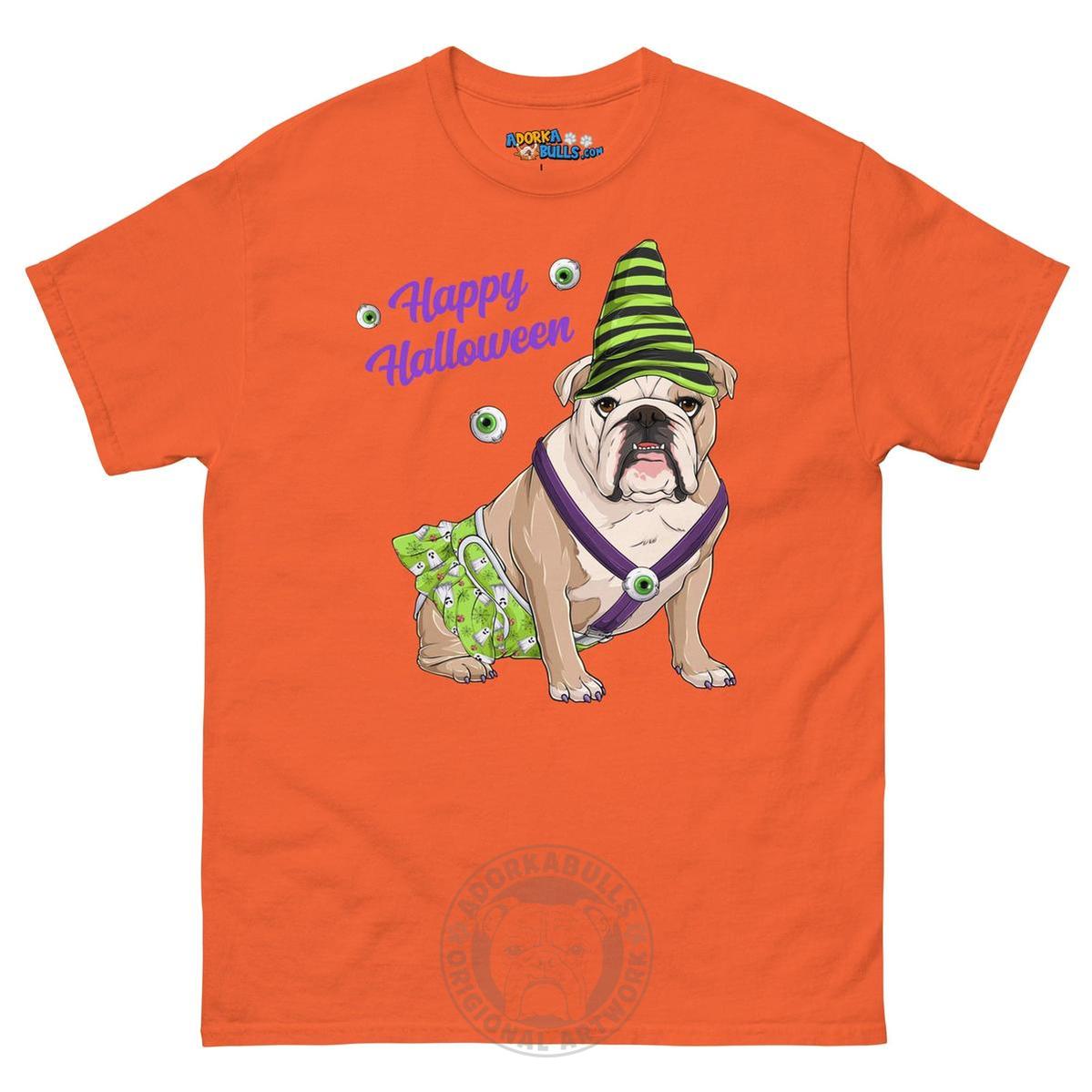 Happy Halloween Ghost tee with spina bifida, Female English Bulldog Fawn &amp; White, Orange