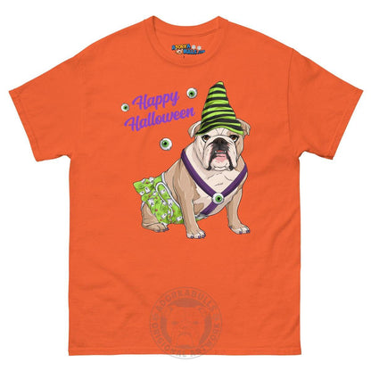 Happy Halloween Ghost tee with spina bifida, Female English Bulldog Fawn &amp; White, Orange