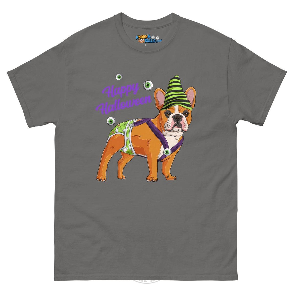 Happy Halloween Ghost tee with spina bifida, Male Frenchie Red &amp; White, Charcoal