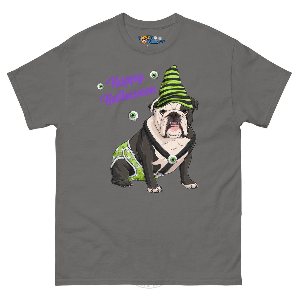 Happy Halloween Ghost tee with spina bifida, Male English Bulldog Black &amp; White, Charcoal