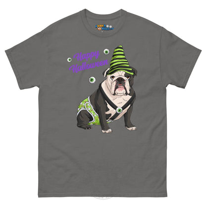 Happy Halloween Ghost tee with spina bifida, Male English Bulldog Black &amp; White, Charcoal