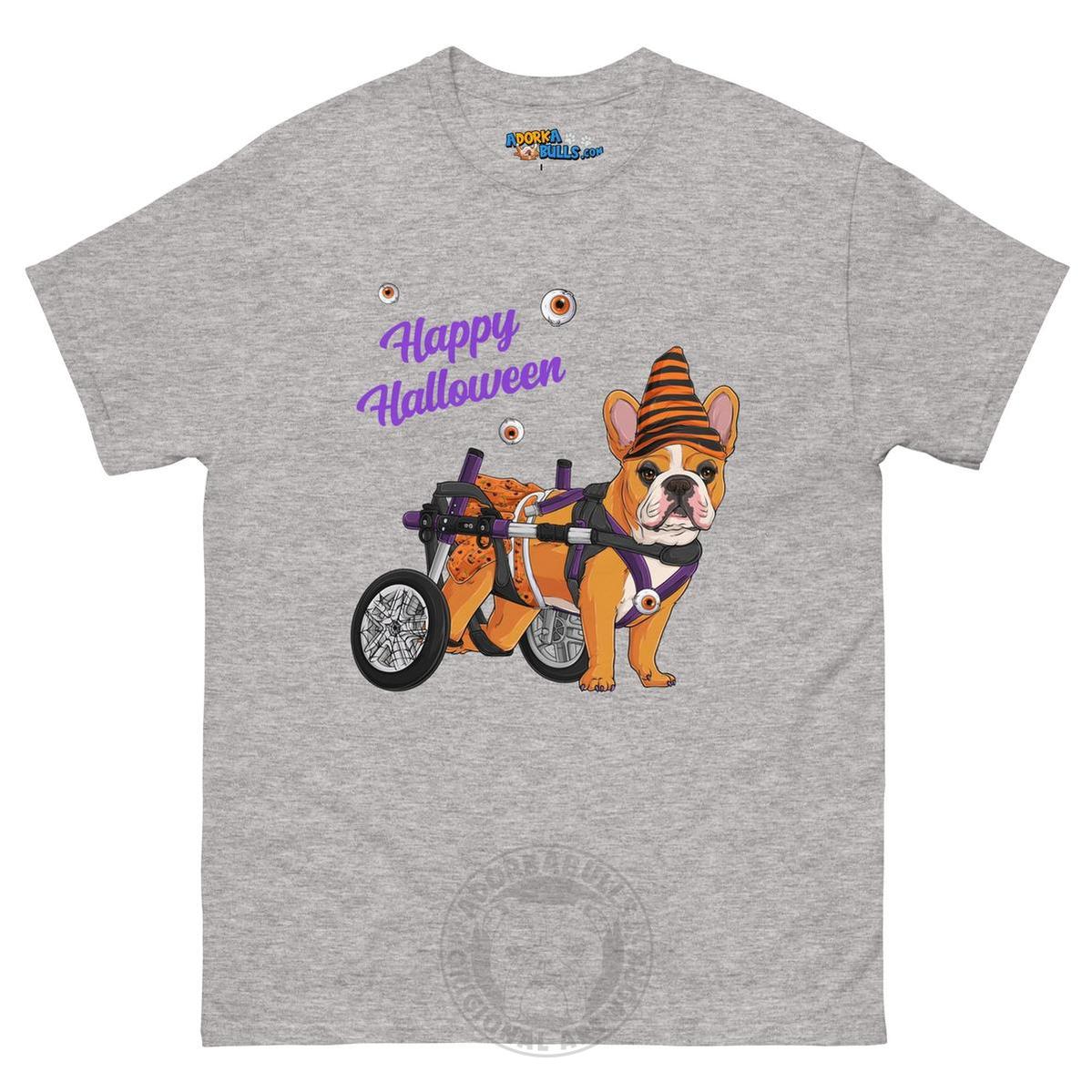 Happy Halloween Pumpkin Wheelchair Tee – Frenchie · Red &amp; White · Female – Sport Grey