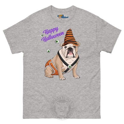 Happy Halloween Pumpkin tee with spina bifida, English Bulldog Fawn &amp; White Male, Sport Grey