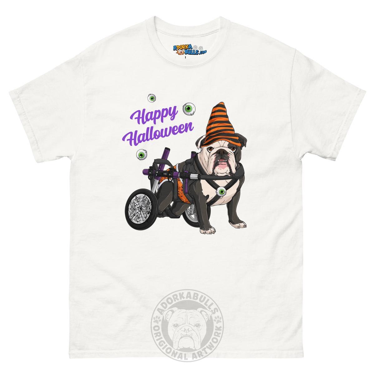 Happy Halloween Pumpkin Wheelchair Tee – English Bulldog · Black &amp; White · Male – White