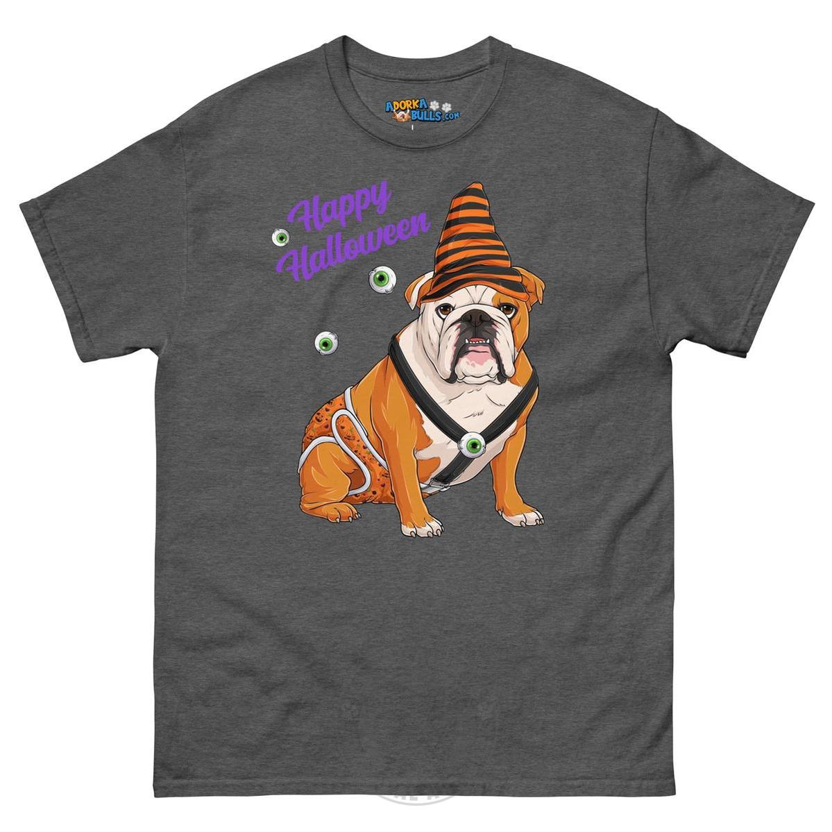 Happy Halloween Pumpkin tee with spina bifida, English Bulldog Red &amp; White Male, Dark Heather