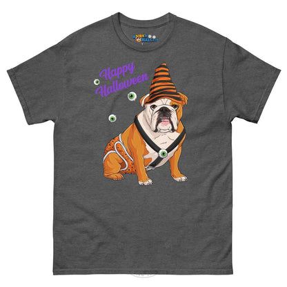 Happy Halloween Pumpkin tee with spina bifida, English Bulldog Red &amp; White Male, Dark Heather