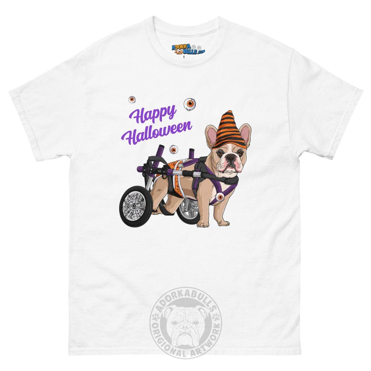 Happy Halloween Pumpkin Wheelchair Tee – Frenchie · Fawn &amp; White · Male – White