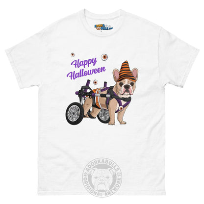 Happy Halloween Pumpkin Wheelchair Tee – Frenchie · Fawn &amp; White · Male – White