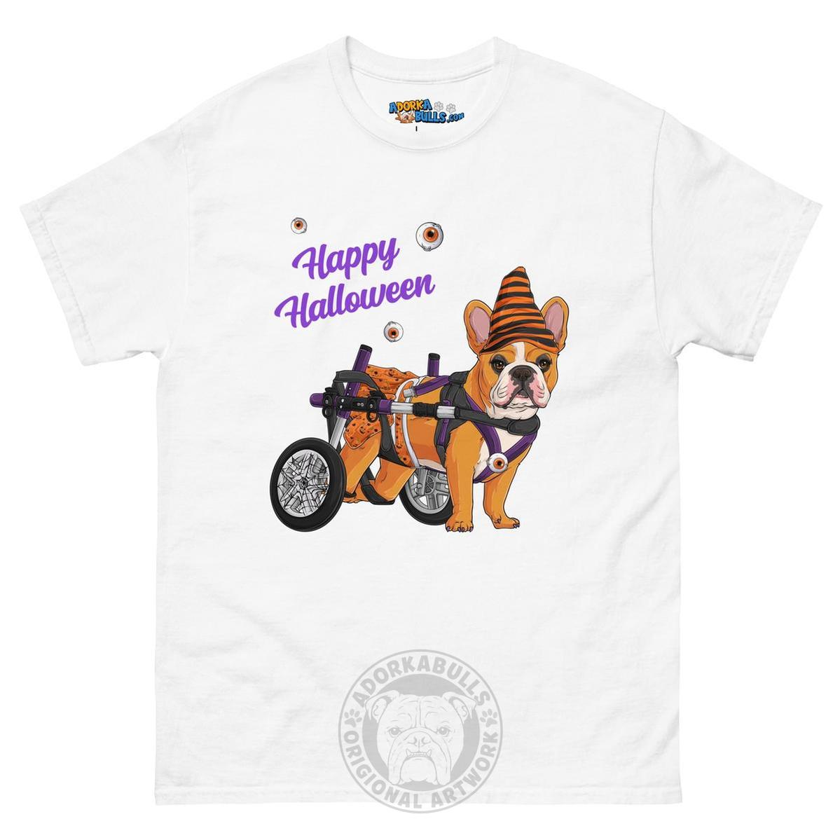 Happy Halloween Pumpkin Wheelchair Tee – Frenchie · Red &amp; White · Female – White