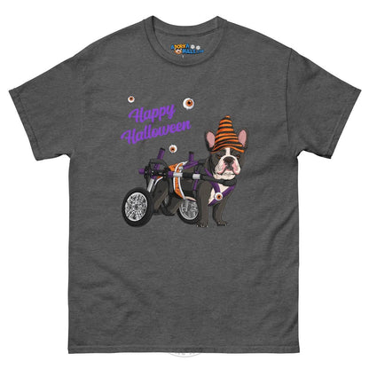 Happy Halloween Pumpkin Wheelchair Tee – Frenchie · Black &amp; White · Male – Dark Heather