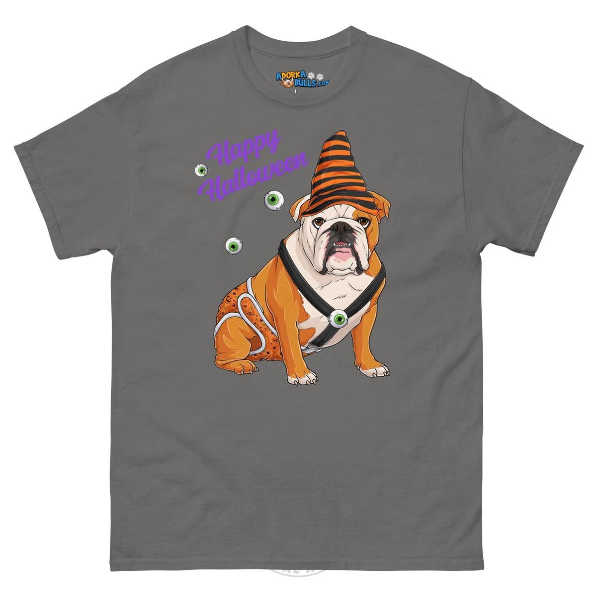 Happy Halloween Pumpkin tee with spina bifida, English Bulldog Red &amp; White Male, Charcoal