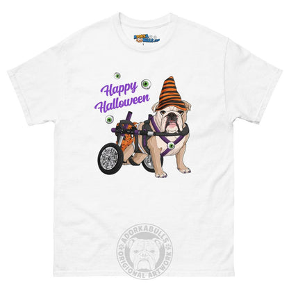Happy Halloween Pumpkin Wheelchair Tee – English Bulldog · Fawn &amp; White · Female – White