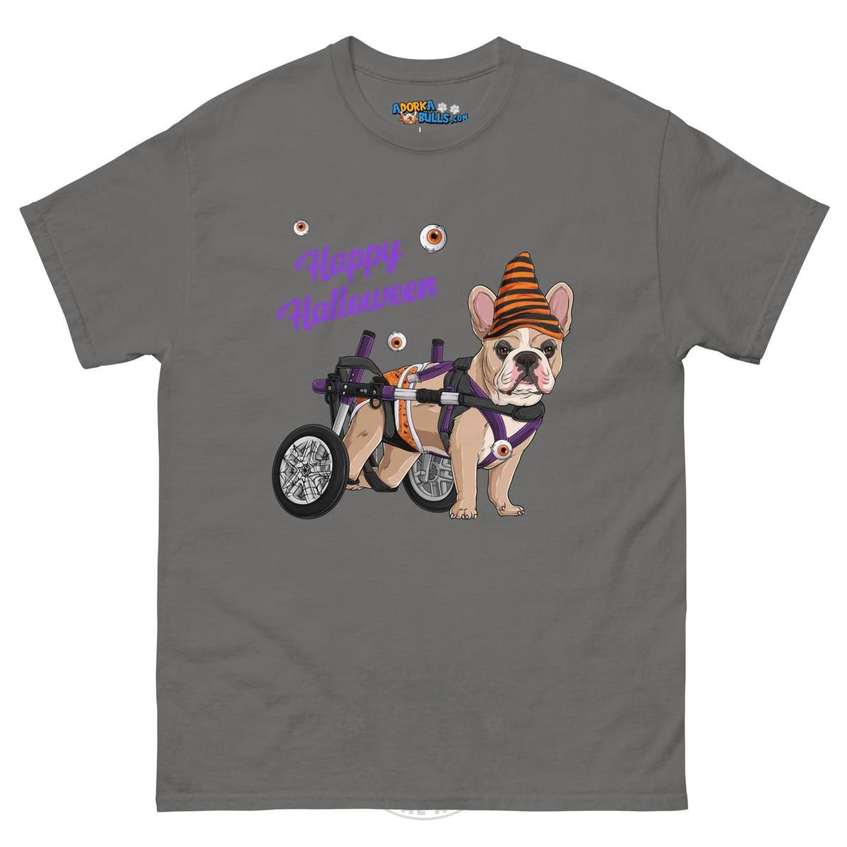 Happy Halloween Pumpkin Wheelchair Tee – Frenchie · Fawn &amp; White · Male – Charcoal