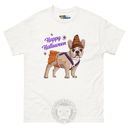 Happy Halloween Pumpkin tee with spina bifida, Frenchie Fawn &amp; White Female, White