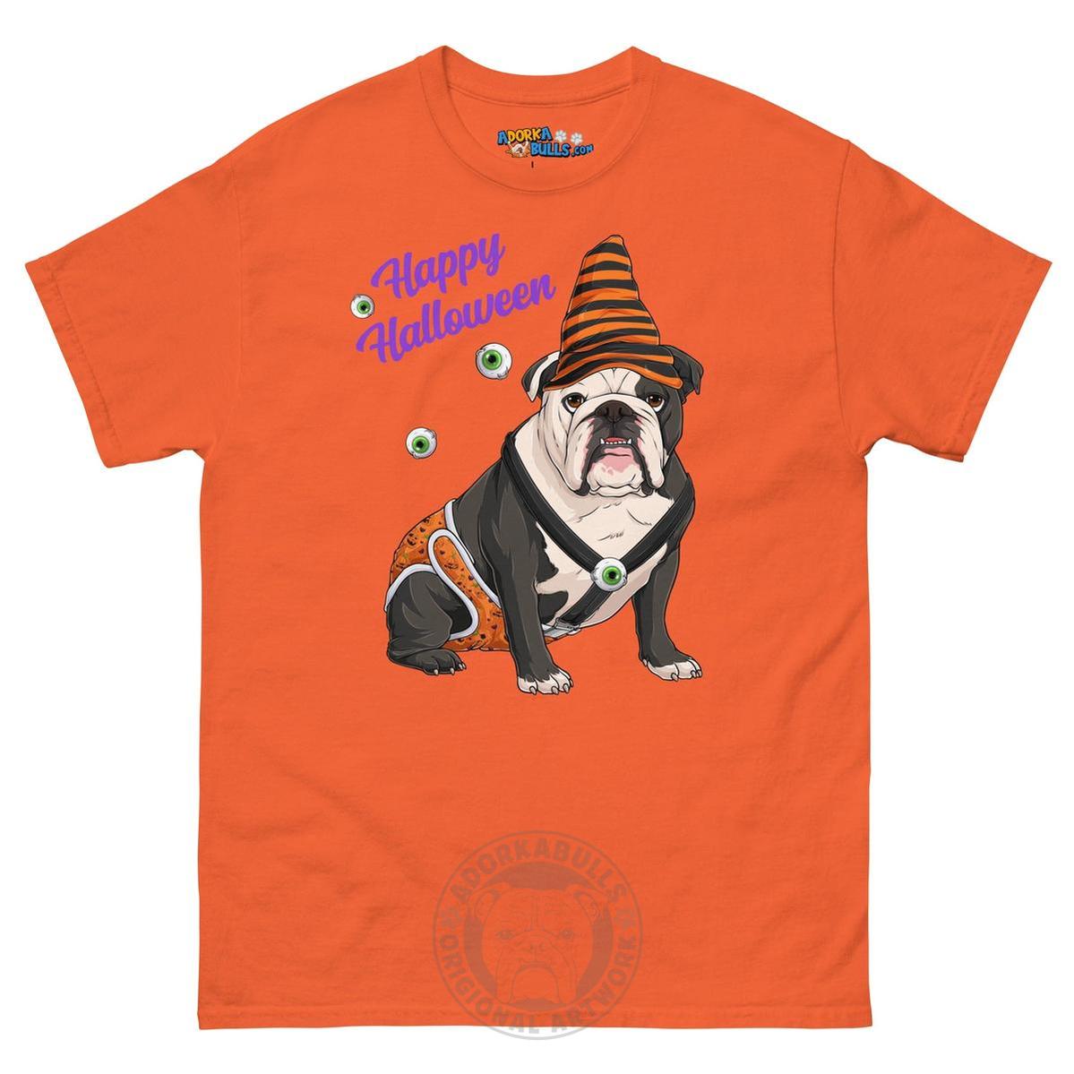 Happy Halloween Pumpkin tee with spina bifida, English Bulldog Black &amp; White Male, Orange