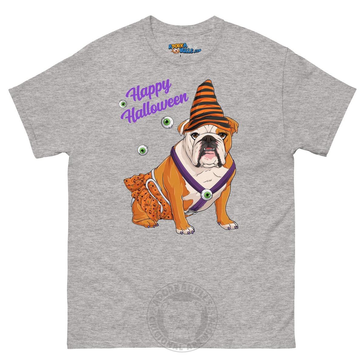 Happy Halloween Pumpkin tee with spina bifida, English Bulldog Red &amp; White Female, Sport Grey