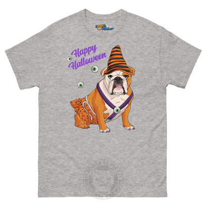 Happy Halloween Pumpkin tee with spina bifida, English Bulldog Red &amp; White Female, Sport Grey