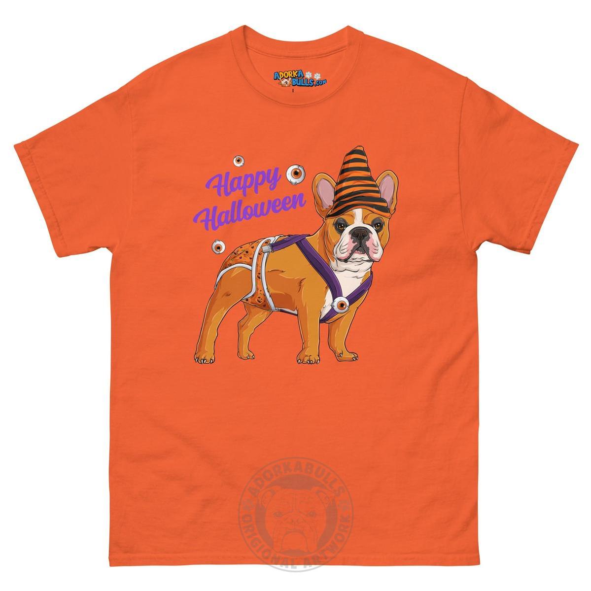 Happy Halloween Pumpkin tee with spina bifida, Frenchie Red &amp; White Male, Orange