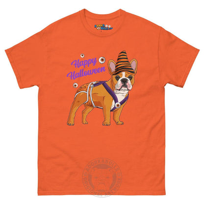 Happy Halloween Pumpkin tee with spina bifida, Frenchie Red &amp; White Male, Orange