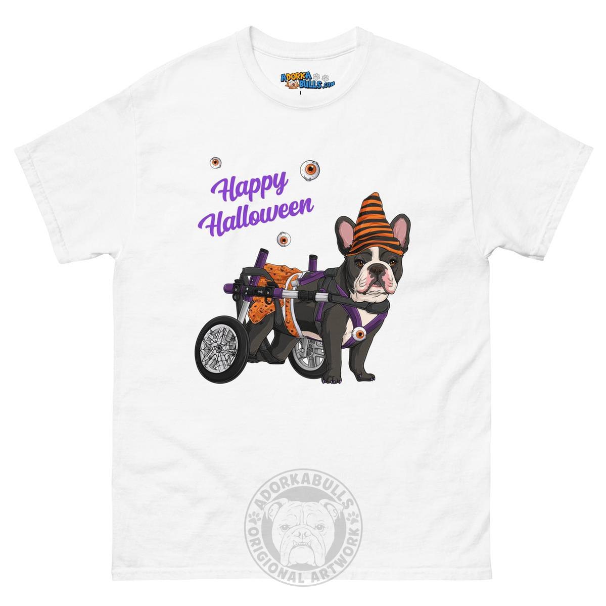Happy Halloween Pumpkin Wheelchair Tee – Frenchie · Black &amp; White · Female – White