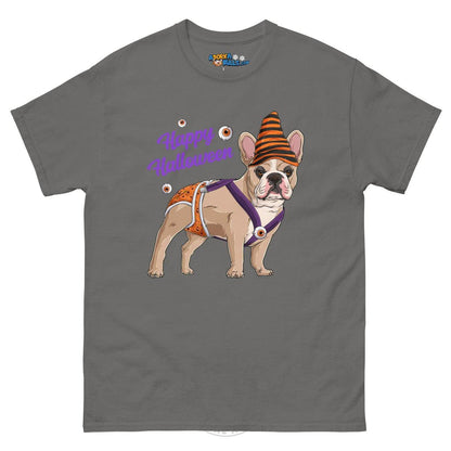 Happy Halloween Pumpkin tee with spina bifida, Frenchie Fawn &amp; White Male, Charcoal
