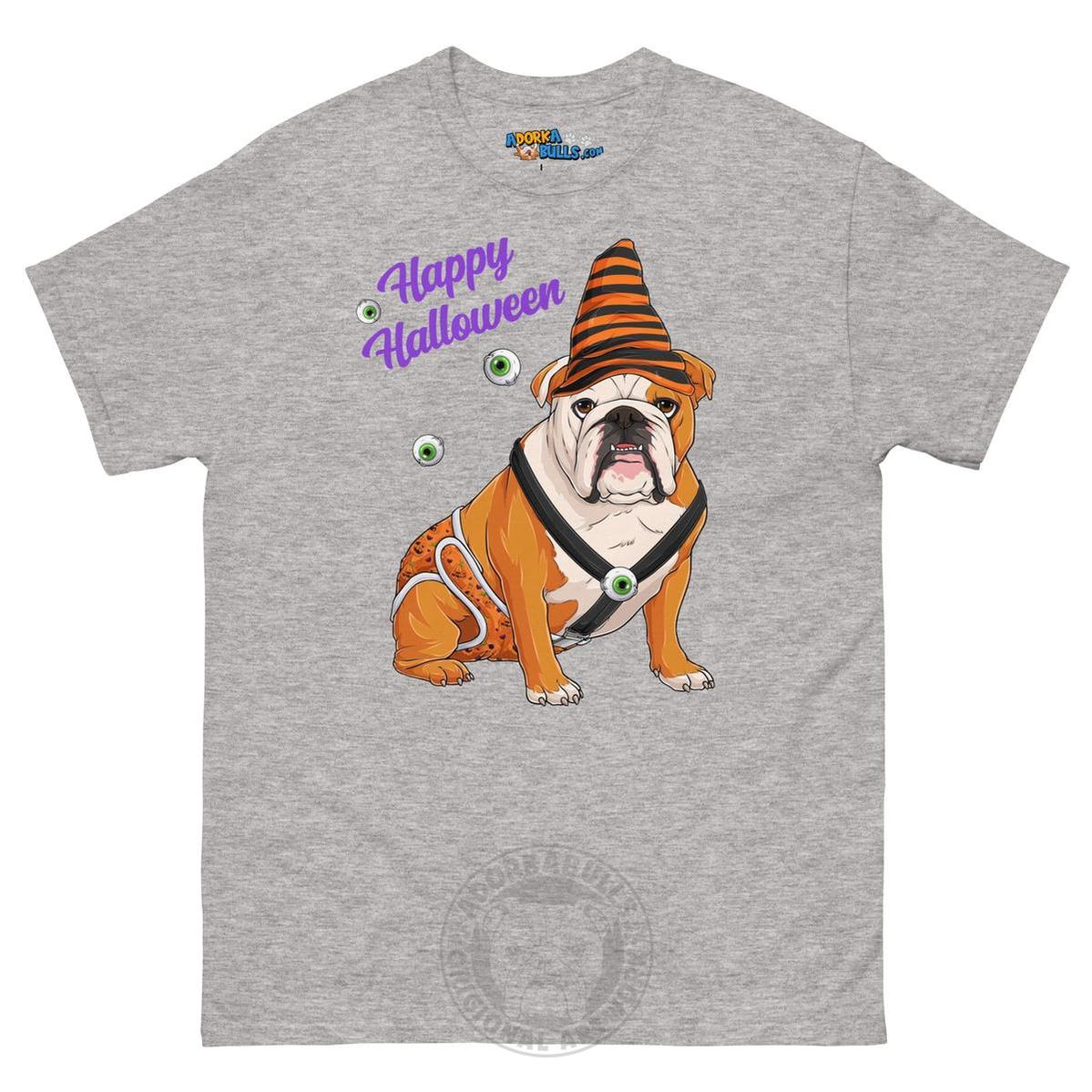 Happy Halloween Pumpkin tee with spina bifida, English Bulldog Red &amp; White Male, Sport Grey