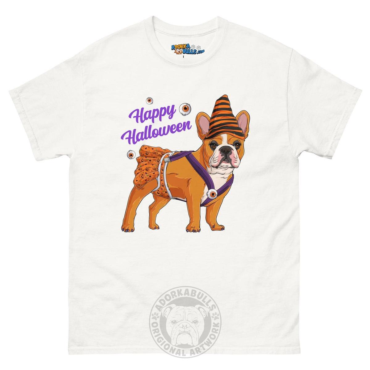 Happy Halloween Pumpkin tee with spina bifida, Frenchie Red &amp; White Female, White