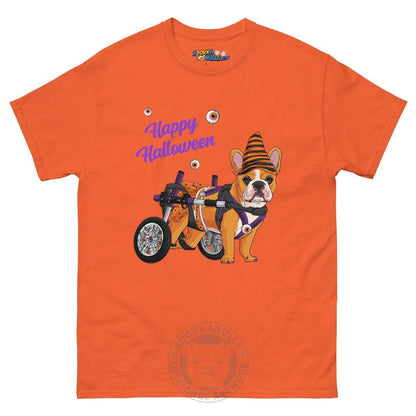 Happy Halloween Pumpkin Wheelchair Tee – Frenchie · Red &amp; White · Female – Orange