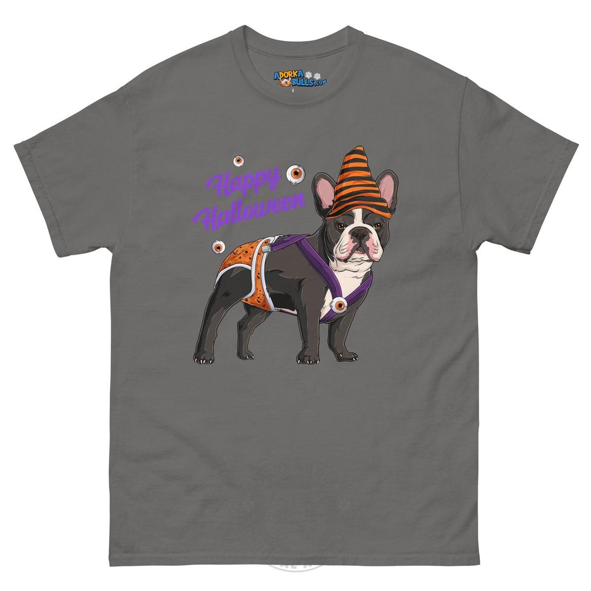 Happy Halloween Pumpkin tee with spina bifida, Frenchie Black &amp; White Male, Charcoal