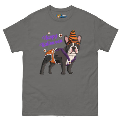 Happy Halloween Pumpkin tee with spina bifida, Frenchie Black &amp; White Male, Charcoal