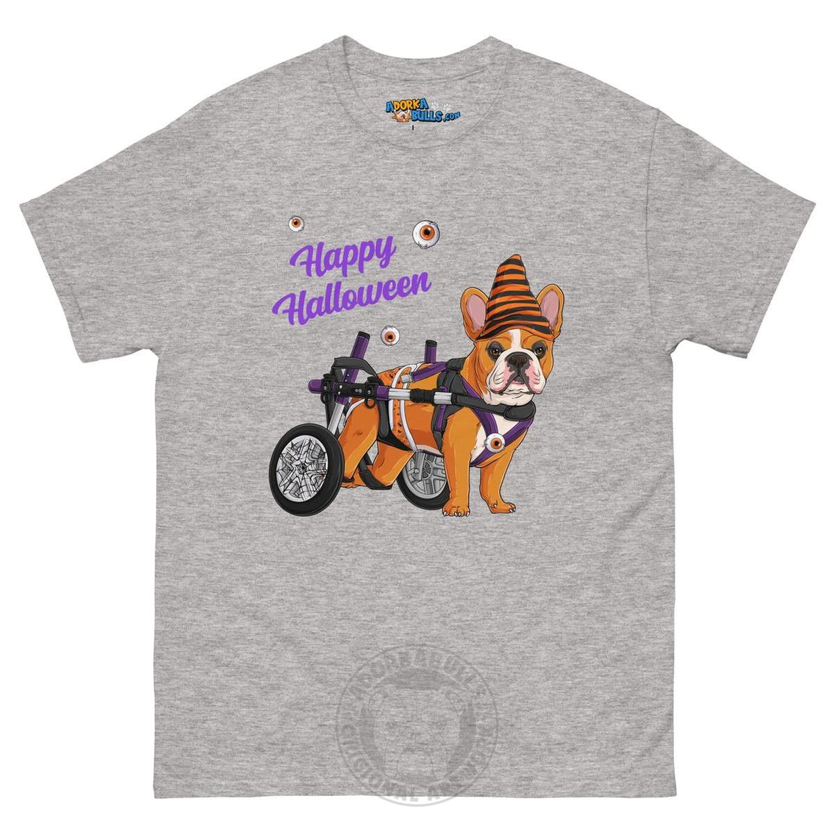 Happy Halloween Pumpkin Wheelchair Tee – Frenchie · Red &amp; White · Male – Sport Grey