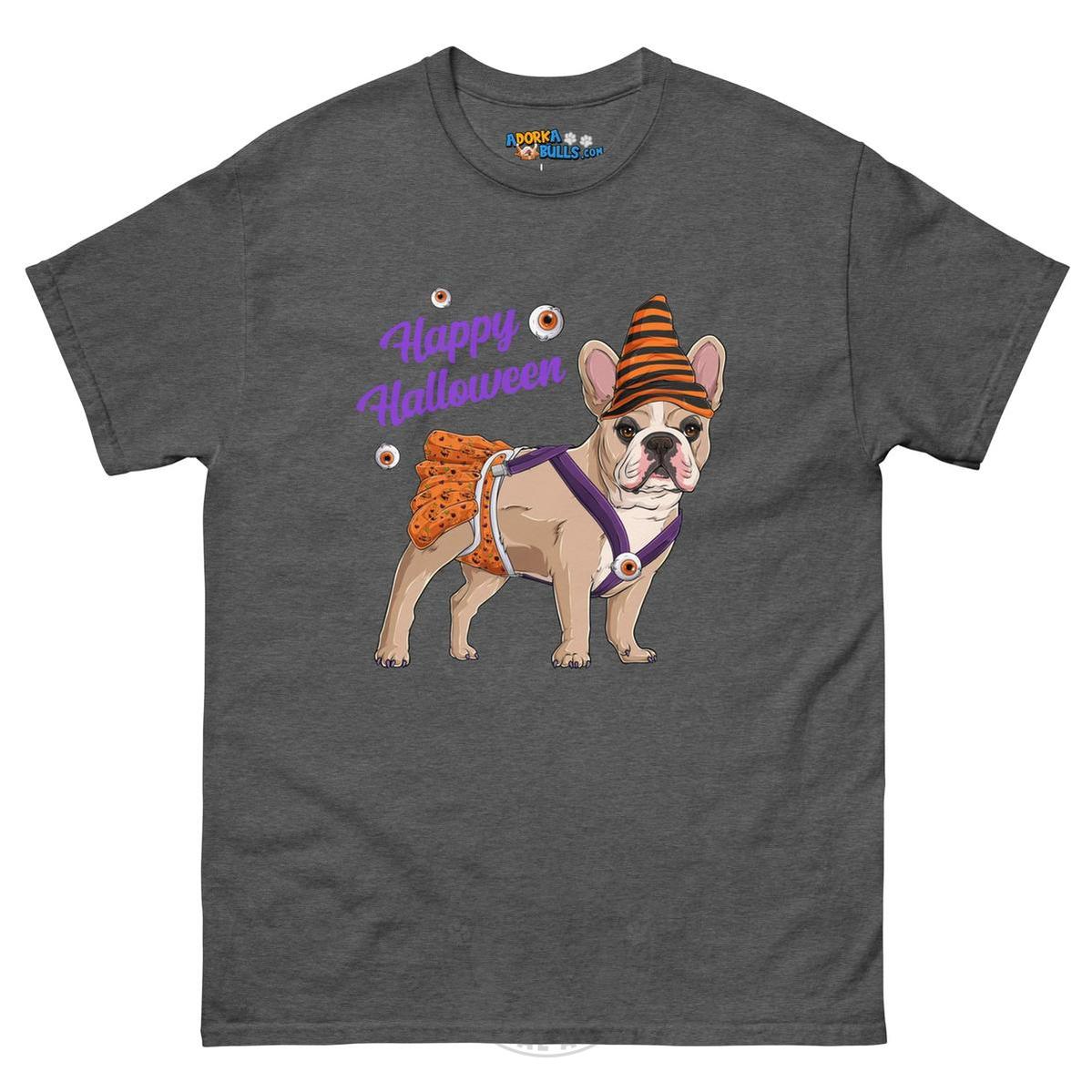 Happy Halloween Pumpkin tee with spina bifida, Frenchie Fawn &amp; White Female, Dark Heather